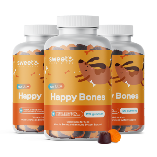 3x Happy Bones – gumové cukríky pre deti s vitamínom D3, spolu 360 gumových cukríkov